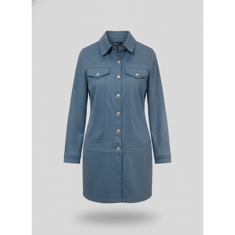 Zara Womens Longline Utility Jacket Blue Button Up Shirt Jacket Large 5252/080